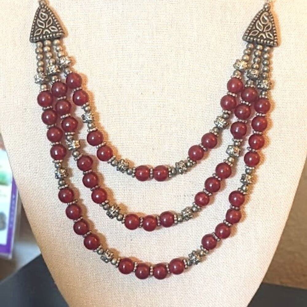 Vintage Red Glass Beaded Silver Tone Necklace with Hook Clasp